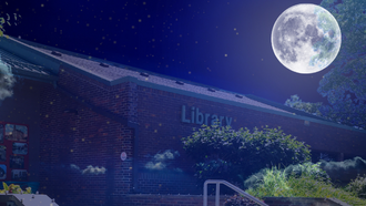 A full moon over the library at night.